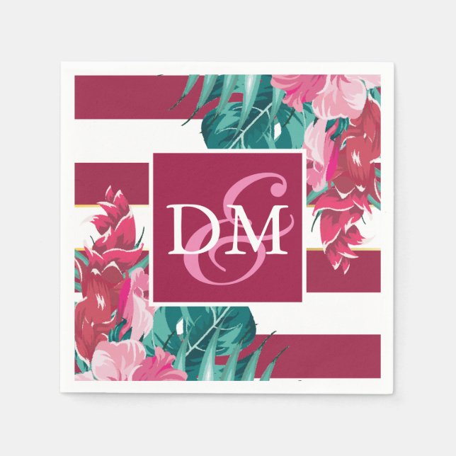 Burgundy Monogram Exotic Flowers strimlad Pappersservett (Framsidan)