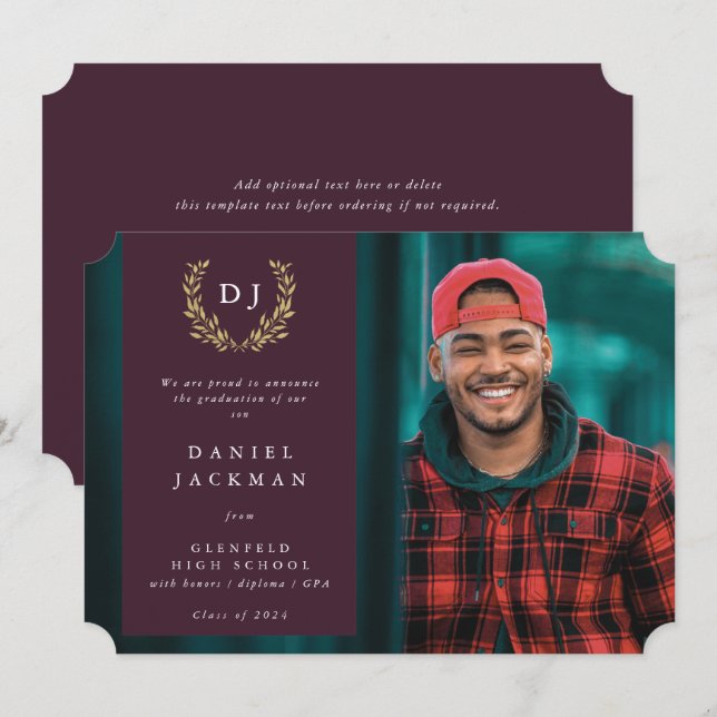 Burgundy Monogram Laurel Wand Studenten Photo Meddelande (Fram/baksida)