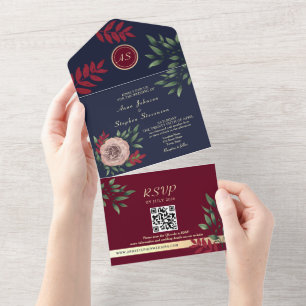 Burgundy Monogram QR-kod Bröllop
