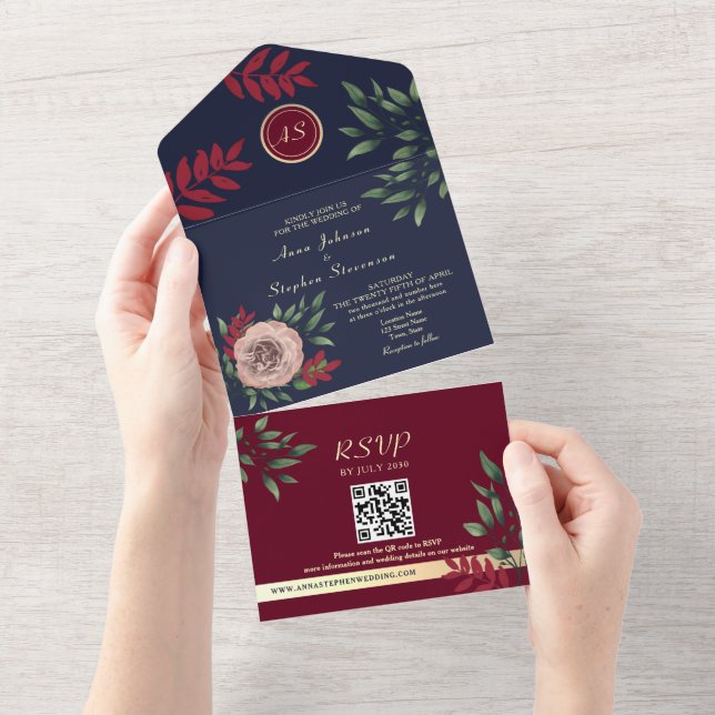 Burgundy Monogram QR-kod Bröllop (Tearaway)