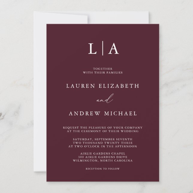 Burgundy Monogram Simple Minimalist Bröllop Invita Inbjudningar (Framsida)