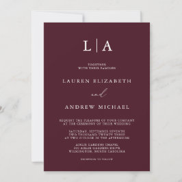 Burgundy Monogram Simple Minimalist Bröllop Invita Inbjudningar