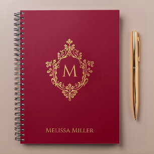 Burgundy Monogram Vintage Falskt Guld Vapen Namn Anteckningsbok