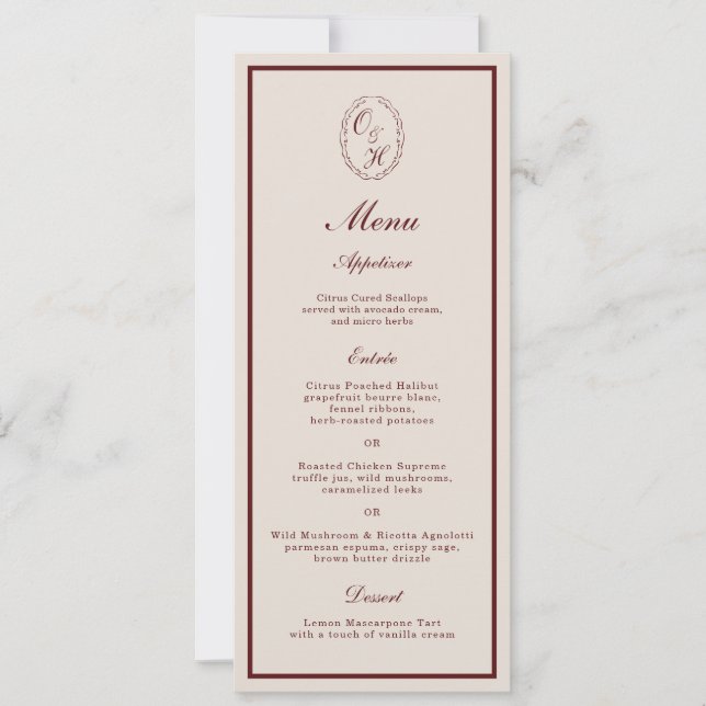 Burgundy Monogram Wedding Long Menu Card Inbjudningar (Framsida)