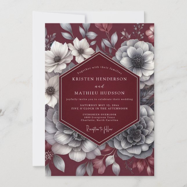 Burgundy Moody Bloom Romantiskt Bröllop Inbjudningar (Framsida)