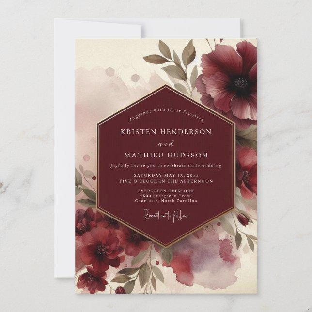 Burgundy Moody Bloom Wedding Inbjudningar (Framsida)