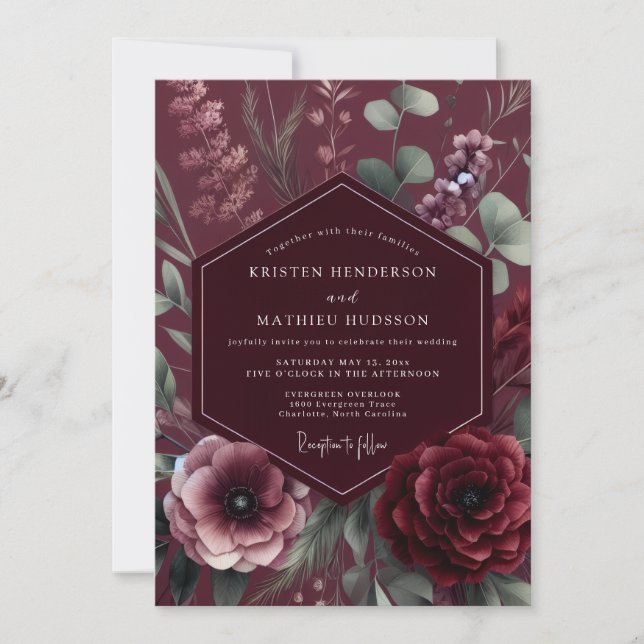 Burgundy Moody Botanical Romance Wedding Inbjudningar (Framsida)