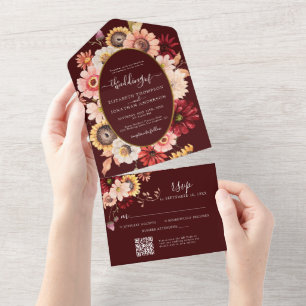 Burgundy Moody Fall Blommigt Guld QR OSA Bröllop