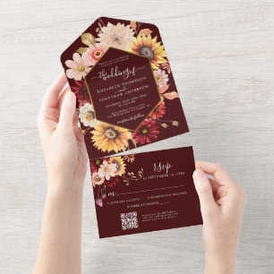 Burgundy Moody Fall Guld Blommigt QR OSA Bröllop