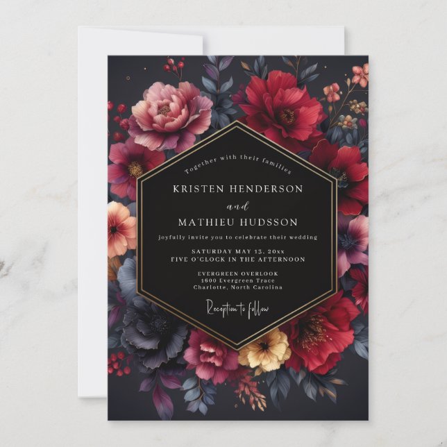 Burgundy Moody Floral Nocturne Bröllop Inbjudningar (Framsida)