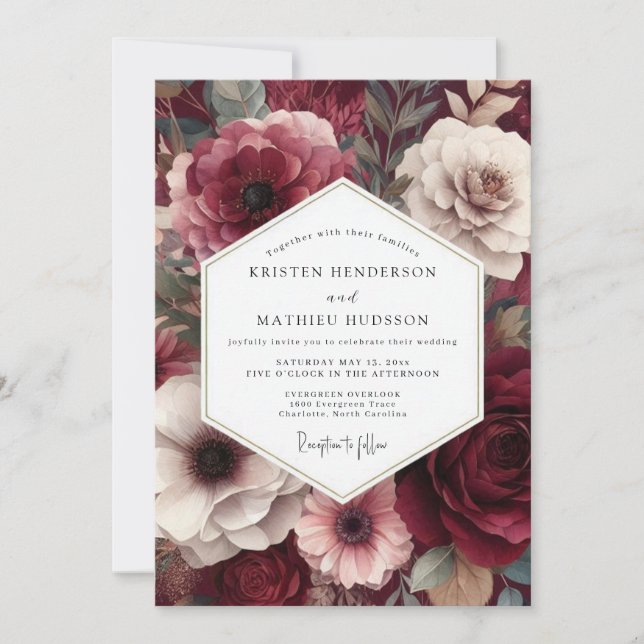 Burgundy Moody Floral Wedding Inbjudningar (Framsida)