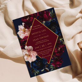 Burgundy Mörk Navy Blue Blommigt Guld Bröllop Inbjudningar