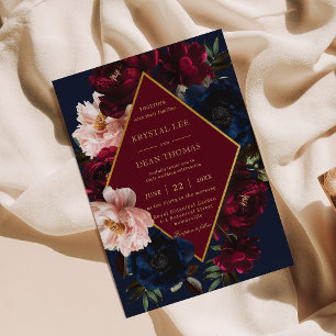 Burgundy  Mörk Navy Blue Blommigt Guld Bröllop Inbjudningar