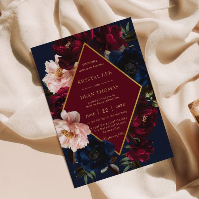 Burgundy  Mörk Navy Blue Blommigt Guld Bröllop Inbjudningar (Skapare uppladdad)