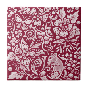 Burgundy Mouse Maroon Woodland Animal Ornate Kakelplatta