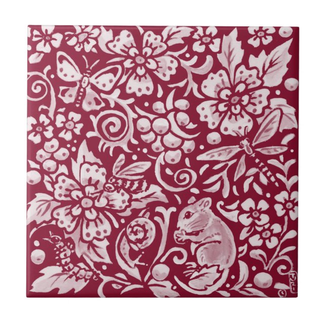 Burgundy Mouse Maroon Woodland Animal Ornate Kakelplatta (Framsidan)