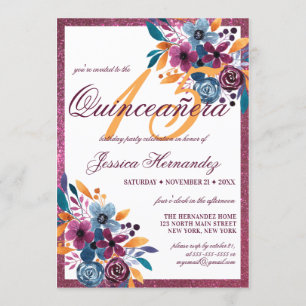 Burgundy Mustard Watercolor Flower Quinceañera Inbjudningar
