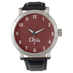 Burgundy, Namn, Black Vintage Leather Band Wrist W Armbandsur