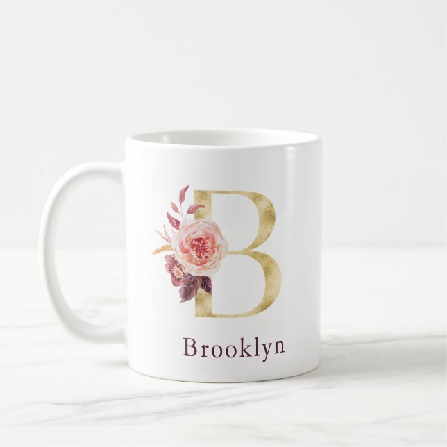 Burgundy Namn och Rosa Blommig Monogram Bokstav B  Kaffemugg (Vänster)