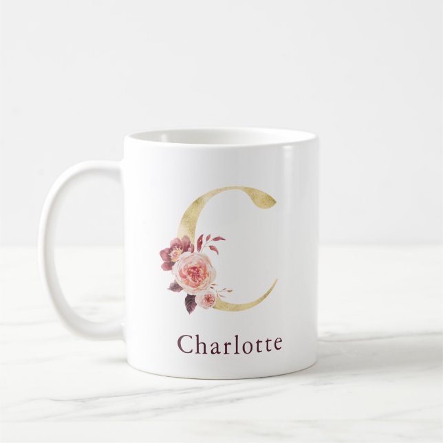 Burgundy Namn och Rosa Blommig Monogram Bokstav C Kaffemugg (Vänster)