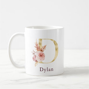 Burgundy Namn och Rosa Blommig Monogram Bokstav D Kaffemugg