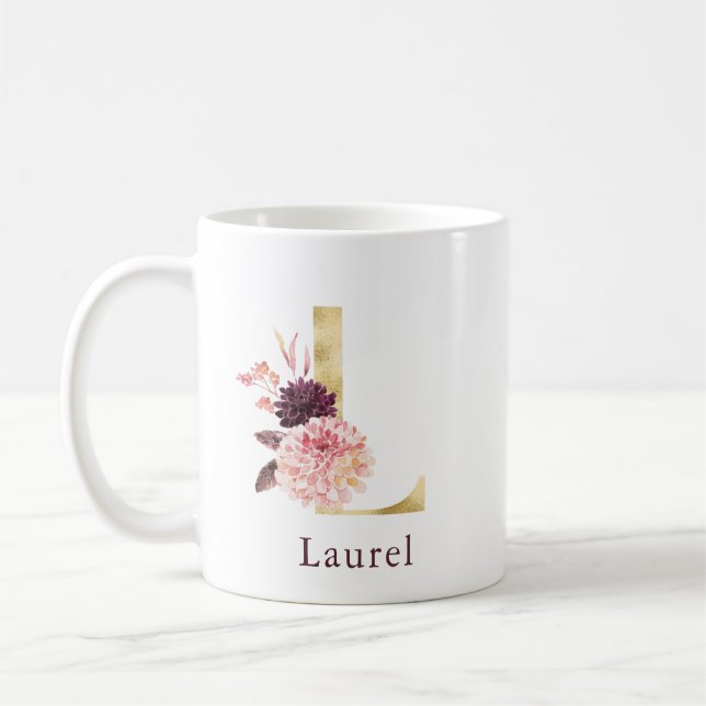 Burgundy Namn och Rosa Blommig Monogram Bokstav L Kaffemugg (Vänster)