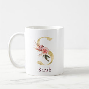 Burgundy Namn och Rosa Blommig Monogram Bokstav S Kaffemugg