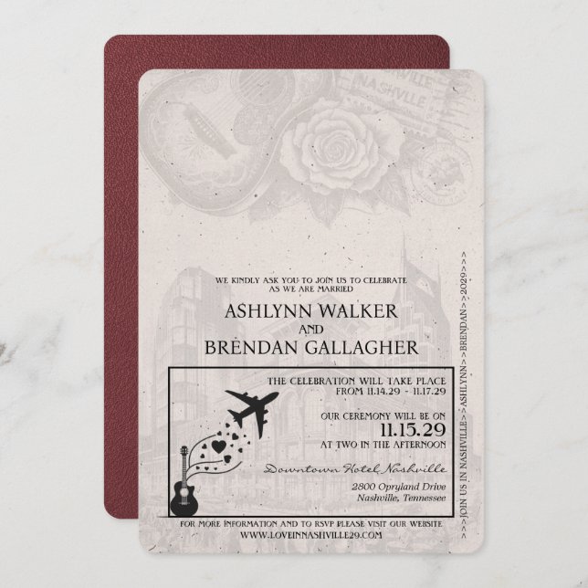 Burgundy Nashville Pass Bröllop Inbjudningar (Fram/baksida)