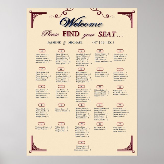 Burgundy Navy and Ivory Chic Wedding Seating Chart Poster (Framsidan)