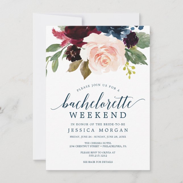 Burgundy Navy Bachelorette Helg Itinerary Inbjudningar (Framsida)