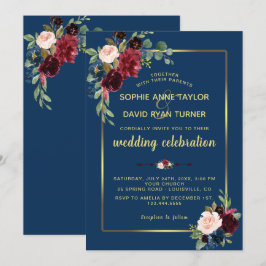Burgundy Navy Blå Blommig Guld Ram Bröllop Inbjudningar