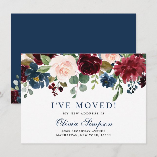 Burgundy Navy Blå Blush Blommig Akvarell Flytt Meddelande (Fram/baksida)