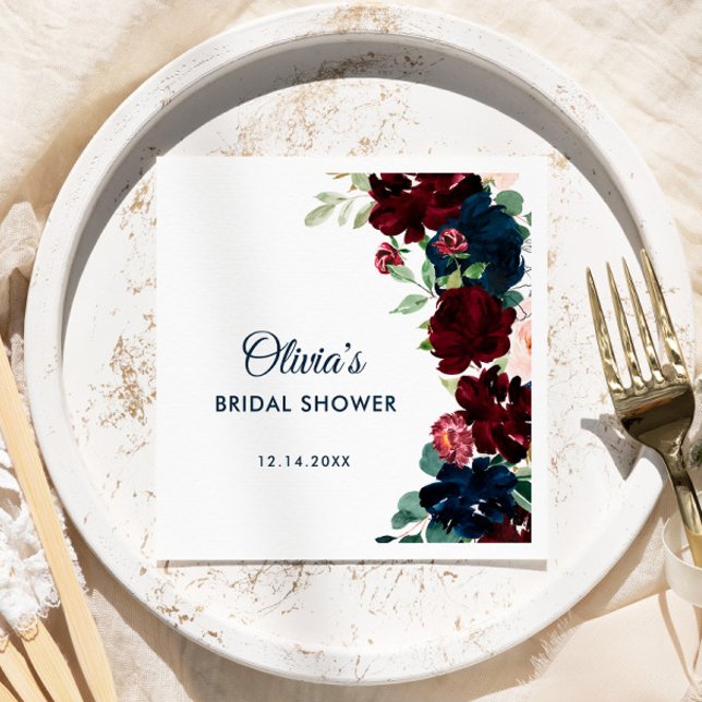 Burgundy & Navy Blåa blommor Rustic Möhippa Pappersservett (Skapare uppladdad)