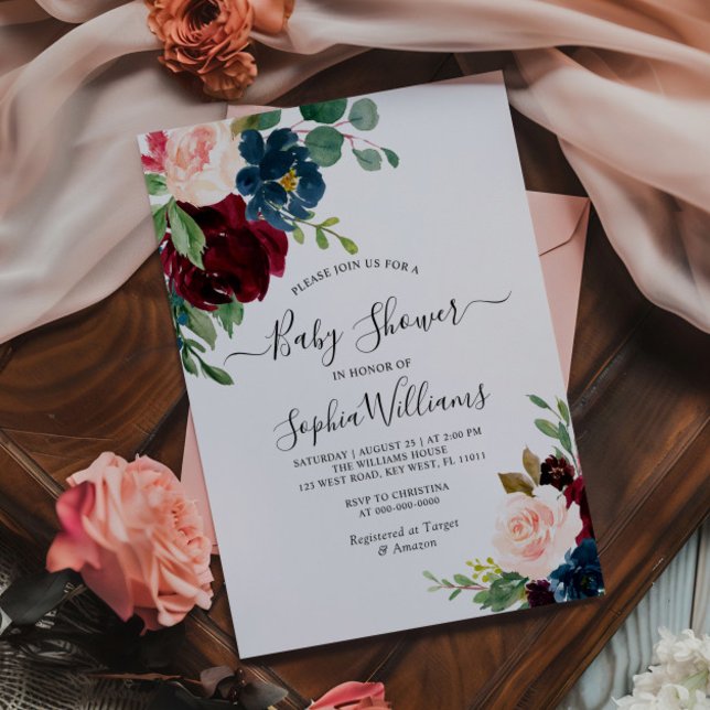 Burgundy & Navy Blommig Baby Shower Inbjudan (Skapare uppladdad)