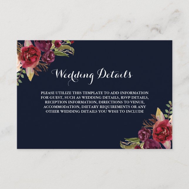 Burgundy Navy Blommig Bröllopsmottagning Informati Tilläggskort (Framsida)