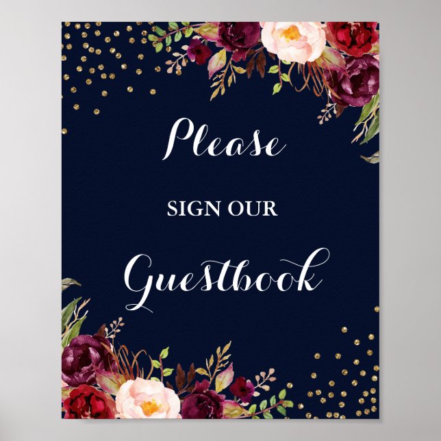 Burgundy Navy Blommig Gästbok Bröllopsskylt Poster (Framsidan)
