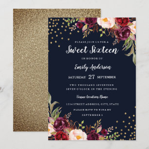 Burgundy Navy Blommig Glitter Sweet Sixteen Inbjud Inbjudningar