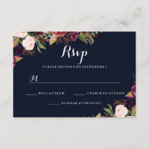 Burgundy Navy Blommig Höstbröllop RSVP