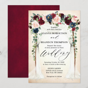 Burgundy  Navy Blommigt Arch Canopy Bröllop Inbjudningar