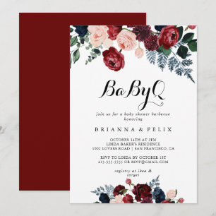 Burgundy Navy Blommigt BabyQ Baby Shower Barbecue Inbjudningar