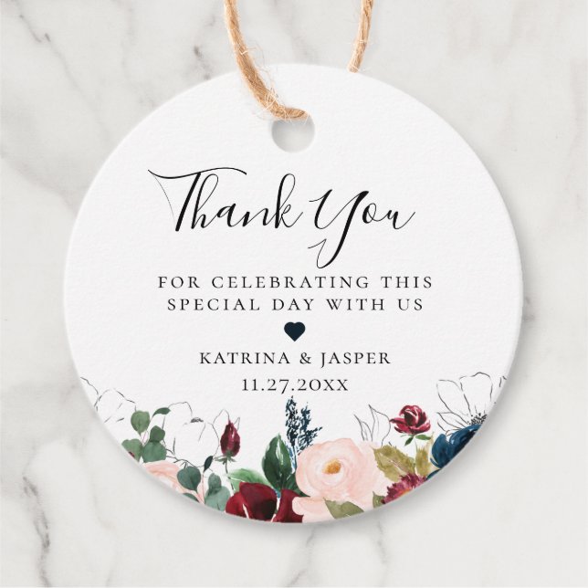 Burgundy  Navy Blommigt Bouquet Bröllop Gåvor Etiketter (Framsida)