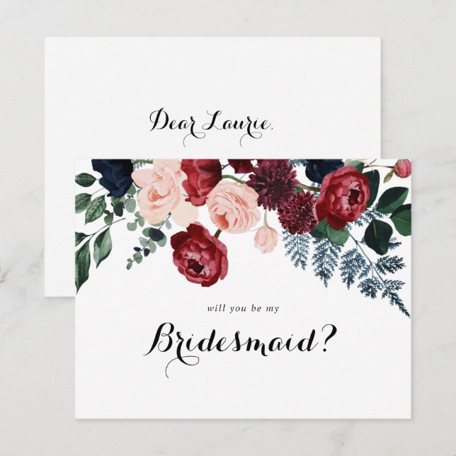 Burgundy Navy Blommigt Bridesmaid Frieri antecknin Anteckningskort (Fram/baksida)