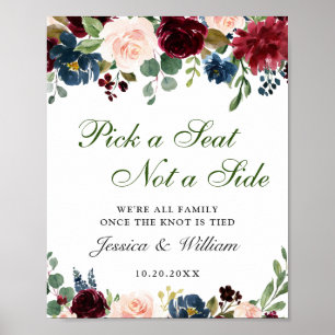 Burgundy Navy Blommigt Bröllop Ceremony Seating Poster
