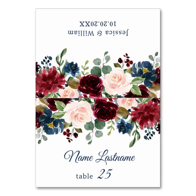 Burgundy Navy  Blommigt Bröllop Escort Card Bordsnummer (Framsidan)