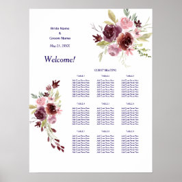 Burgundy Navy Blommigt Bröllop Middagssätesdiagram Poster