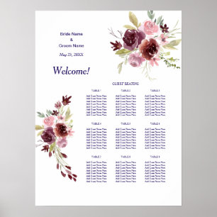 Burgundy Navy Blommigt Bröllop Middagssätesdiagram Poster