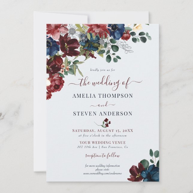 Burgundy & Navy Blommigt Classic Bröllop Inbjudningar (Framsida)