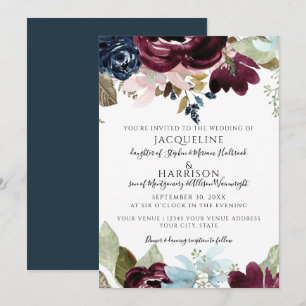 Burgundy Navy Blommigt Elegant Fall Foliage Bröllo Inbjudningar