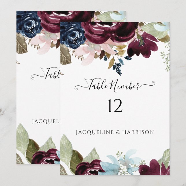 Burgundy Navy Blommigt Elegant Foliage Bordsnummer (Fram/baksida)