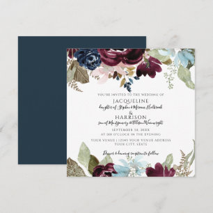 Burgundy Navy Blommigt Elegant Foliage Bröllop Inbjudningar